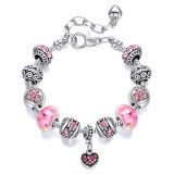 Women's Pink Heart Zircon Crystal Silver Charm Chain Jewelry Bracelet