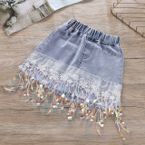 Toddler Girl Sequins Unicorn Ruffles Top and Denim Lace Flowers Sequin Skirt Two Pieces Sets