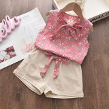 Kid Girl Bowknot Floral Vest and Shorts Two Pieces Sets