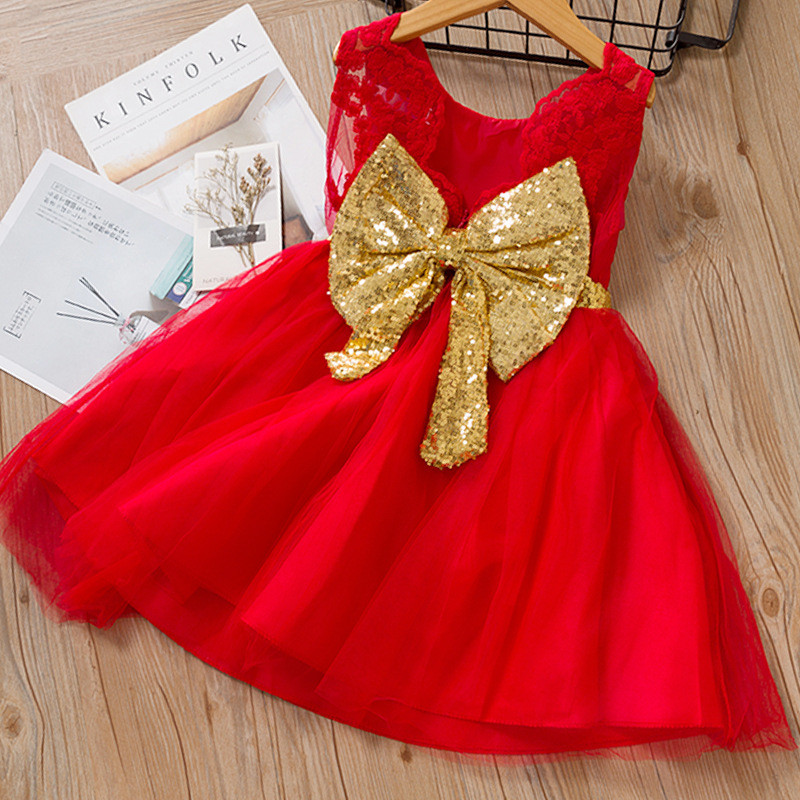 Toddler Girls Gold Sequins Bowknot Sleeveless Lace Tutu Dress