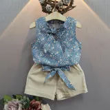 Kid Girl Bowknot Floral Vest and Shorts Two Pieces Sets