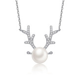 Sterling Silver Antlers Zircon Diamond Pearl Pendant Chain Jewelry Necklace