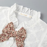 Toddler Girl White Embroidered Flowers Bowknot Ruffles Top and Mesh Floral Skirt Two Pieces Sets