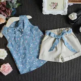 Kid Girl Bowknot Floral Vest and Shorts Two Pieces Sets