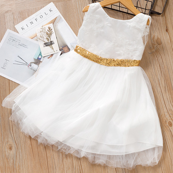 Toddler Girls Gold Sequins Bowknot Sleeveless Lace Tutu Dress
