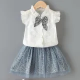Toddler Girl White Embroidered Flowers Bowknot Ruffles Top and Mesh Floral Skirt Two Pieces Sets