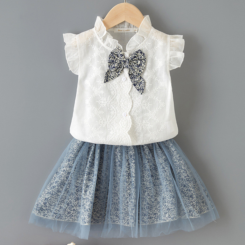 Toddler Girl White Embroidered Flowers Bowknot Ruffles Top and Mesh ...