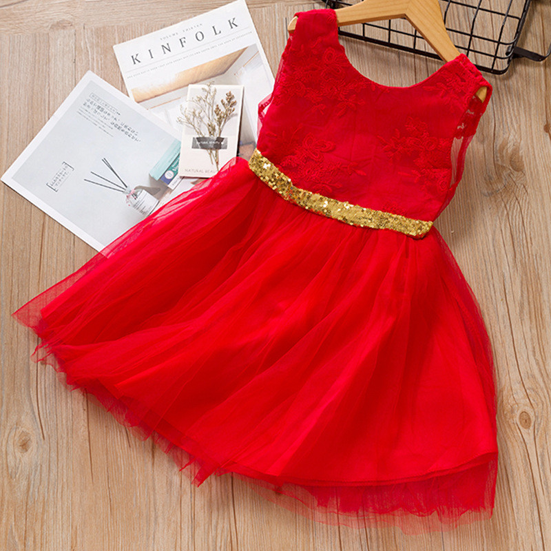 Toddler Girls Gold Sequins Bowknot Sleeveless Lace Tutu Dress