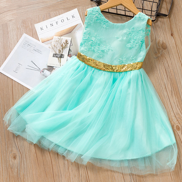 Toddler Girls Gold Sequins Bowknot Sleeveless Lace Tutu Dress