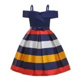 Toddler Girl Off The Shoulder 3 Colors Stripes A-line Gown Dresses