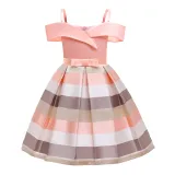 Toddler Girl Off The Shoulder 3 Colors Stripes A-line Gown Dresses