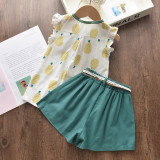 Kid Girl Prints Pineapples Ruffles Sleeves Top and Bowknot Shorts Two Pieces Sets