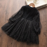 Toddler Girl Tulle Tutu Puffy Gold Thread Long Sleeve Knit Dresses