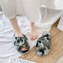 Adult Cozy Camouflage Soft Plush Fleece Cross Open Toe Slides Indoor Outdoor House Winter Warm Sole Slippers