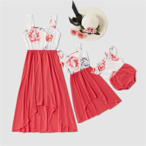 Mommy and Me Matching Printing Red Flowers Splicing Irregular Dress