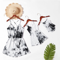 Mommy and Me Matching Grey Tie-dyed Tie up Sling Backless Jumpsuit Romper