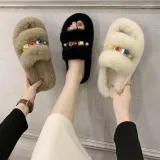 Cozy Soft Plush Fleece Diamond Jewelry Open Toe Slides Indoor Outdoor House Winter Warm Slippers