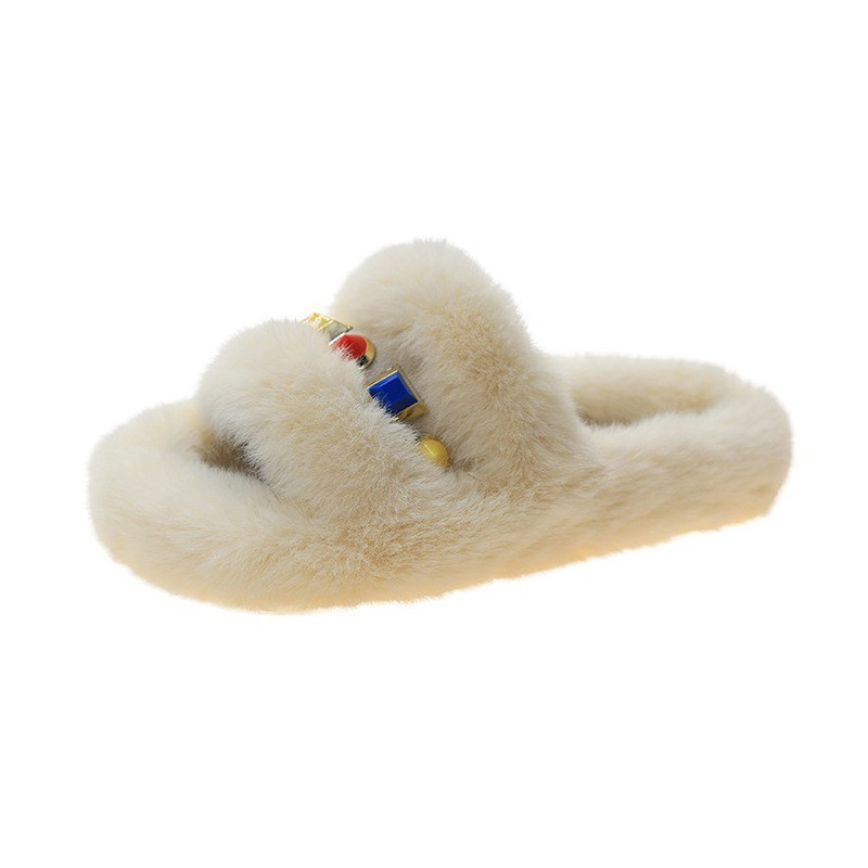 Cozy Soft Plush Fleece Diamond Jewelry Open Toe Slides Indoor Outdoor House Winter Warm Slippers