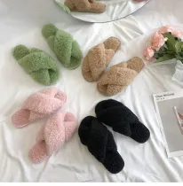 Cozy Soft Small Curls Plush Fleece Cross Open Toe Slides Indoor Outdoor House Winter Warm Slippers