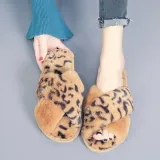 Cozy Soft Plush Fleece Single Leopard Print Cross Open Toe Slides Indoor Outdoor House Winter Warm Slippers