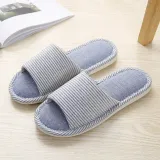 Couples Cozy Soft Striped Memory Foam Cotton Linen Open Toe Slides House Home Slippers