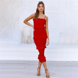 Women Multilayer Pleated Ruffles Sling Maxi Bodycon Sexy Dress