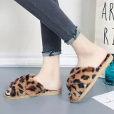 Cozy Soft Plush Fleece Leopard Open Toe Indoor Outdoor House Winter Warm Slippers