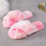 Adult Cozy Soft Plush Fleece Gradient Mulitcolor Cross Open Toe Slides Winter Warm Sole Slippers