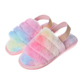 Cozy Soft Rainbow Plush Fleece Open Toe Slingback Slides Indoor Outdoor House Winter Warm Slippers