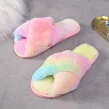 Adult Cozy Soft Plush Fleece Gradient Mulitcolor Cross Open Toe Slides Winter Warm Sole Slippers