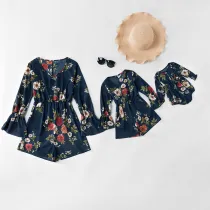 Mommy and Me Matching Prints Flowers Ruffled Long Sleeve Jumpsuit Romper