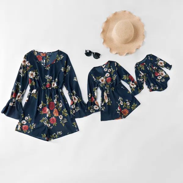 Mommy and Me Matching Prints Flowers Ruffled Long Sleeve Jumpsuit Romper