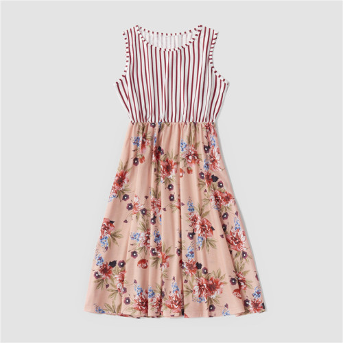 Mommy and Me Matching Red Flowers Stripe Splicing Bowknot Back Sleeveless Dresses