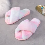 Adult Cozy Soft Plush Fleece Gradient Mulitcolor Cross Open Toe Slides Winter Warm Sole Slippers