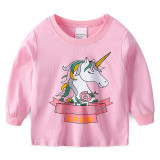 Toddler Girl Pink Print Cartoons Unicorn Smile Pajamas Sleepwear Long Sleeve Tee & Leggings 2 Pieces Sets