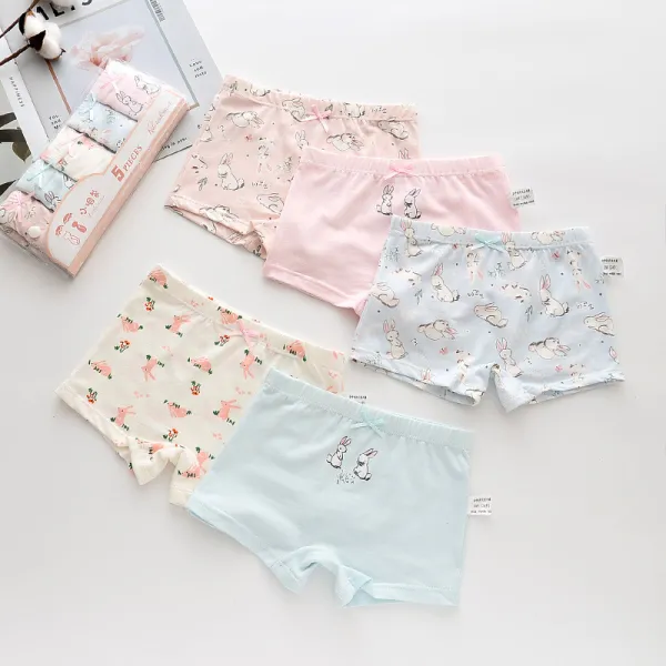 Kid Girls 5 Packs Print Rabbits Boxer Briefs Cotton Underwear