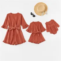 Mommy and Me Matching Ruffles Bowknot Iron Red Jumpsuit Romper