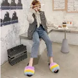 Cozy Soft Rainbow Matching Color Plush Fleece Open Toe Indoor Outdoor House Winter Warm Slippers