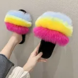 Cozy Soft Rainbow Matching Color Plush Fleece Open Toe Indoor Outdoor House Winter Warm Slippers