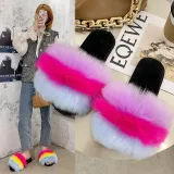 Cozy Soft Rainbow Matching Color Plush Fleece Open Toe Indoor Outdoor House Winter Warm Slippers