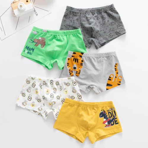 Kid Boys 5 Packs Print Animal Cartoon Boxer Briefs Tiger And Dinosaur Cotton Underwear
