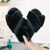 Adult Cozy Strips Soft Plush Fleece Cross  Open Toe Slides Indoor Outdoor House Winter Warm Sole Slippers