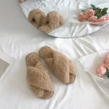 Cozy Soft Small Curls Plush Fleece Cross Open Toe Slides Indoor Outdoor House Winter Warm Slippers
