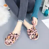 Cozy Soft Plush Fleece Leopard Open Toe Indoor Outdoor House Winter Warm Slippers