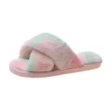 Adult Cozy Soft Plush Fleece Gradient Mulitcolor Cross Open Toe Slides Winter Warm Sole Slippers