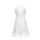 Women Deep V-Neck Embroidery Flowers Hollow Out Backless Lace Dress