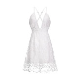Women Deep V-Neck Embroidery Flowers Hollow Out Backless Lace Dress
