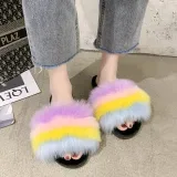 Cozy Soft Rainbow Matching Color Plush Fleece Open Toe Indoor Outdoor House Winter Warm Slippers
