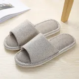 Couples Cozy Soft Striped Memory Foam Cotton Linen Open Toe Slides House Home Slippers