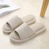 Couples Cozy Soft Striped Memory Foam Cotton Linen Open Toe Slides House Home Slippers